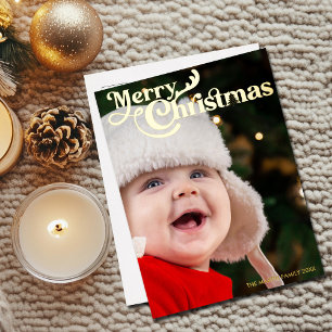 Merry Christmas Elegant Typography Full Photo Gold Foil Holiday Postcard