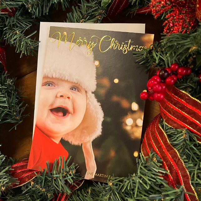 Merry Christmas Elegant Typography Photo Gold Foil Holiday Card (Creator Uploaded)