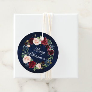 Merry Christmas Elegant Watercolor Floral Wreath Favour Tags