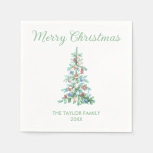 Merry Christmas Elegant Watercolor Greenery Tree Napkin