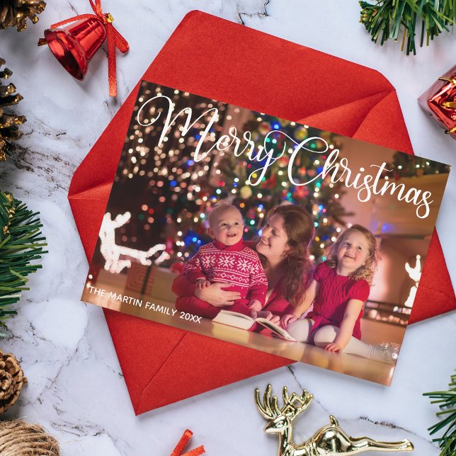 Merry Christmas Elegant White Cursive Script Photo Holiday Card (Creator Uploaded)