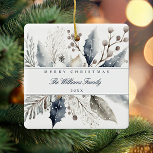 Merry Christmas Elegant Winter Watercolor Floral Ceramic Ornament