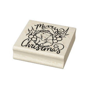 Merry Christmas Elephant Cute Santa Hat Rubber Stamp