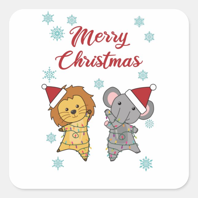 Merry Christmas Elephant Lion Snow Winter Zoo Square Sticker (Front)