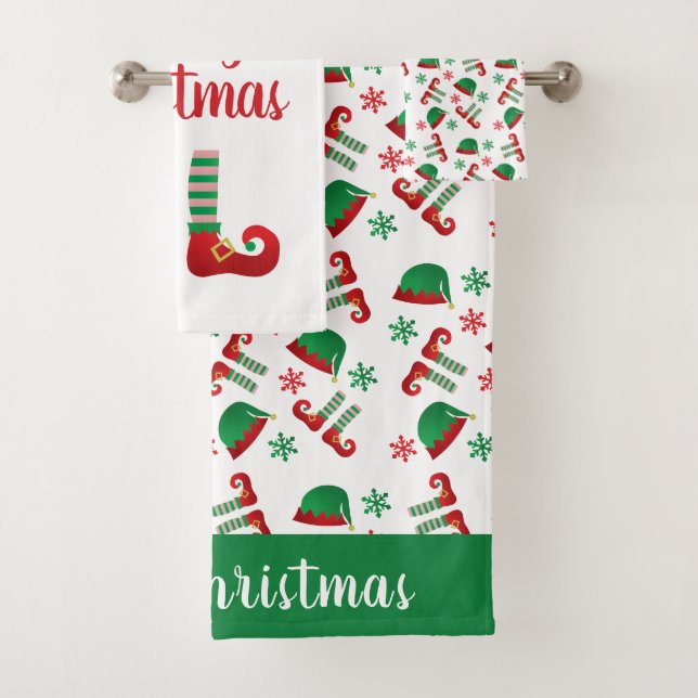 Merry Christmas Elf Hat Pattern Green Red Bath Towel Set (Insitu)