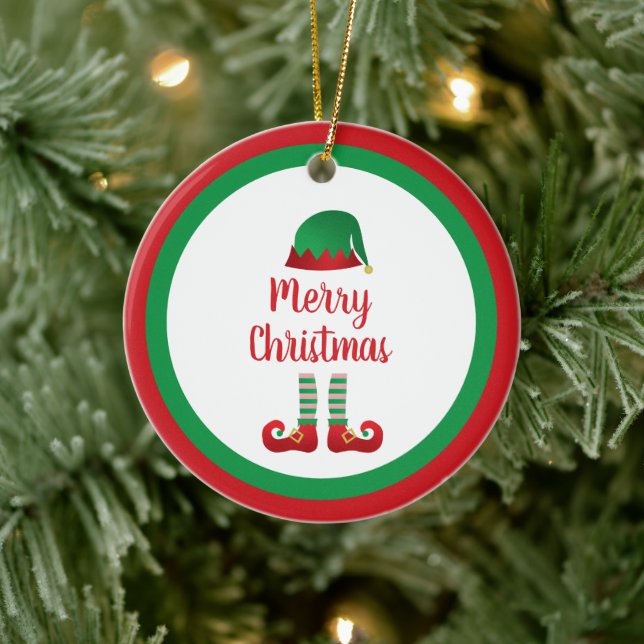 Merry Christmas Elf Outfit Red Typography Ceramic Ornament (Tree)