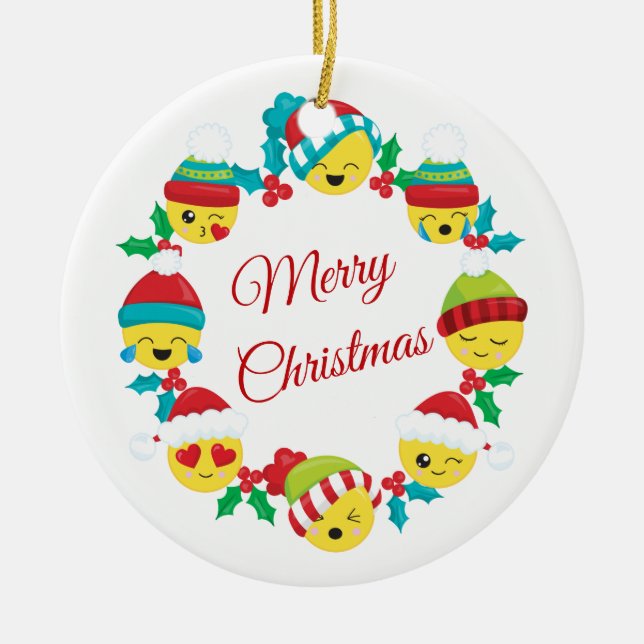 Merry Christmas Emoji Wreath Ceramic Tree Decoration (Front)