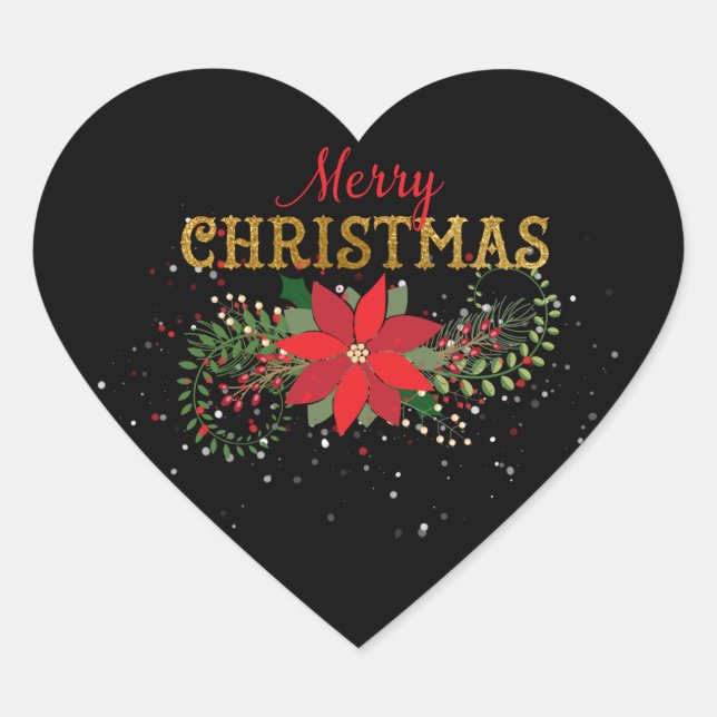 Merry Christmas English Black Red Gold Heart Sticker (Front)