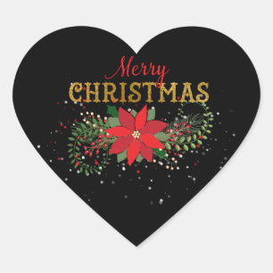 Merry Christmas English Black Red Gold Heart Sticker