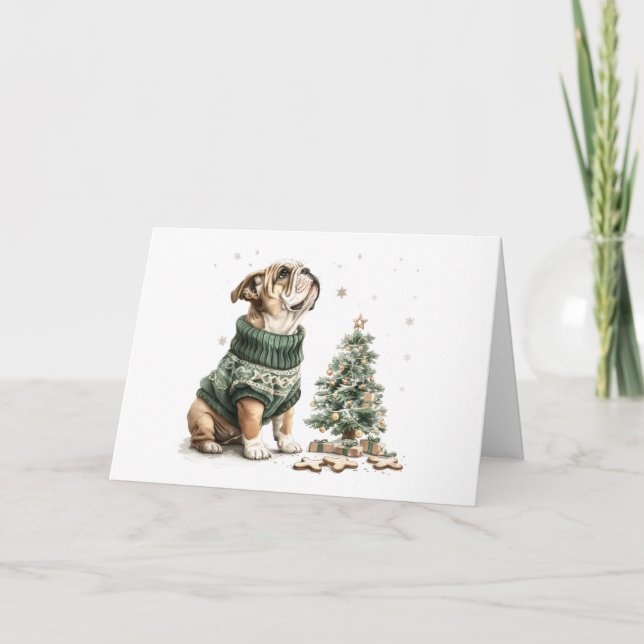 Merry Christmas English Bulldog Christmas Tree Holiday Card (Front)