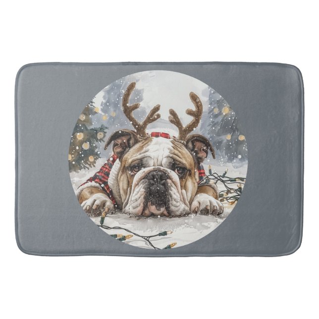Merry Christmas English Bulldog Reindeer Bath Mat (Front)