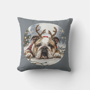 Merry Christmas English Bulldog Reindeer Cushion
