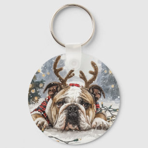 Merry Christmas English Bulldog Reindeer Key Ring