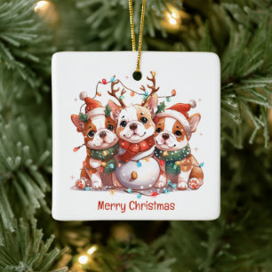 Merry Christmas English Bulldog Reindeer Santa Ceramic Ornament