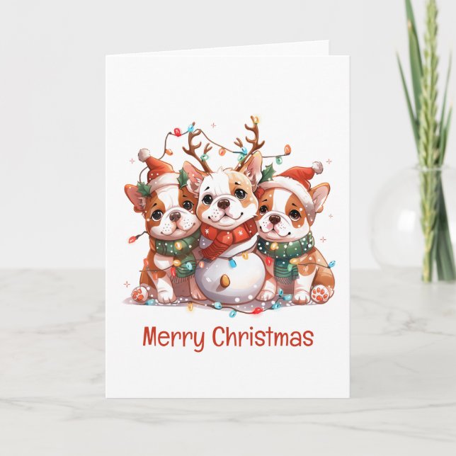 Merry Christmas English Bulldog Reindeer Santa Holiday Card (Front)
