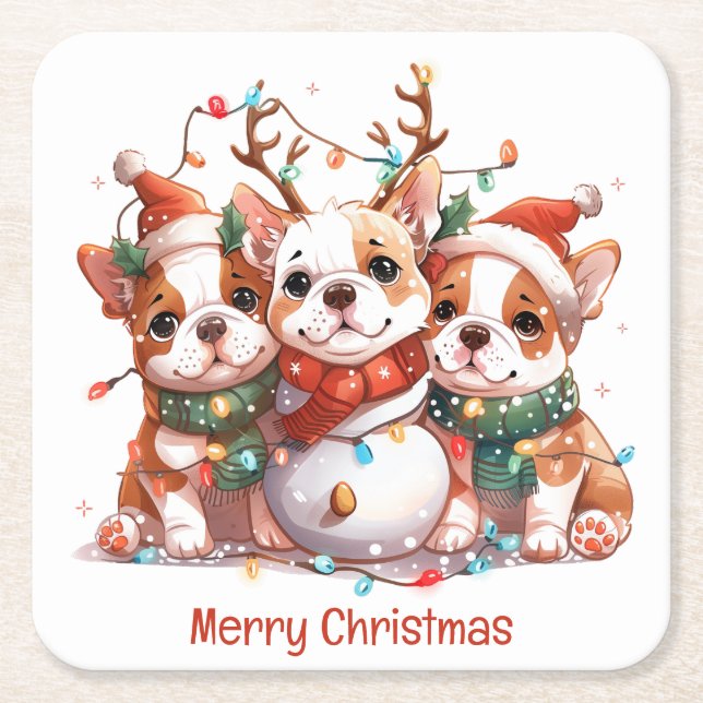 Merry Christmas English Bulldog Reindeer Santa Square Paper Coaster (Front)