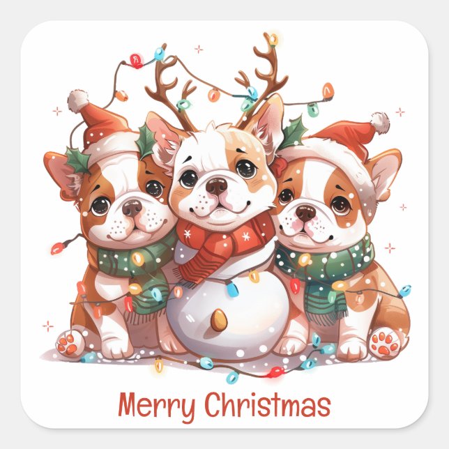 Merry Christmas English Bulldog Reindeer Santa Square Sticker (Front)