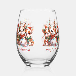 Merry Christmas English Bulldog Reindeer Santa Stemless Wine Glass