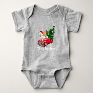 Merry Christmas English Bulldog Santa Red Truck Xm Baby Bodysuit