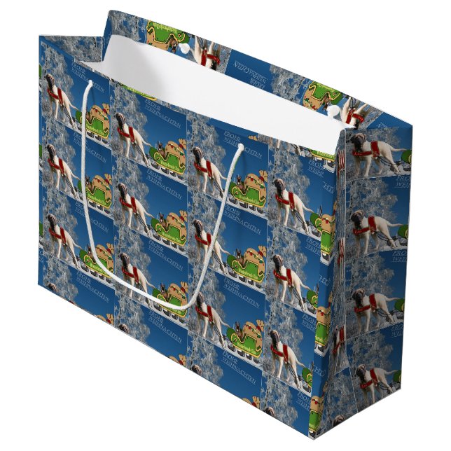 Merry Christmas English Mastiff and French Bulldog Large Gift Bag (Front Angled)