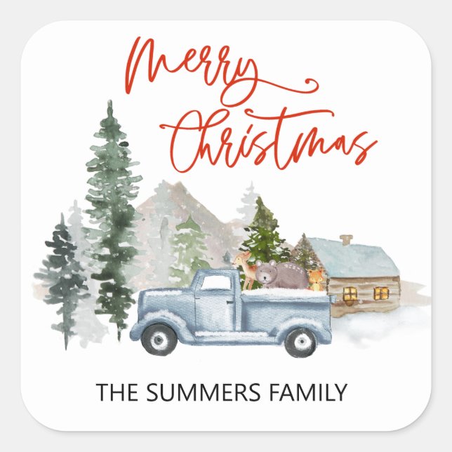 Merry Christmas Envelope Seal Rustic Truck Woods (Front)