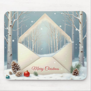 Merry Christmas Envelope With Birch Trees Mouse Pad