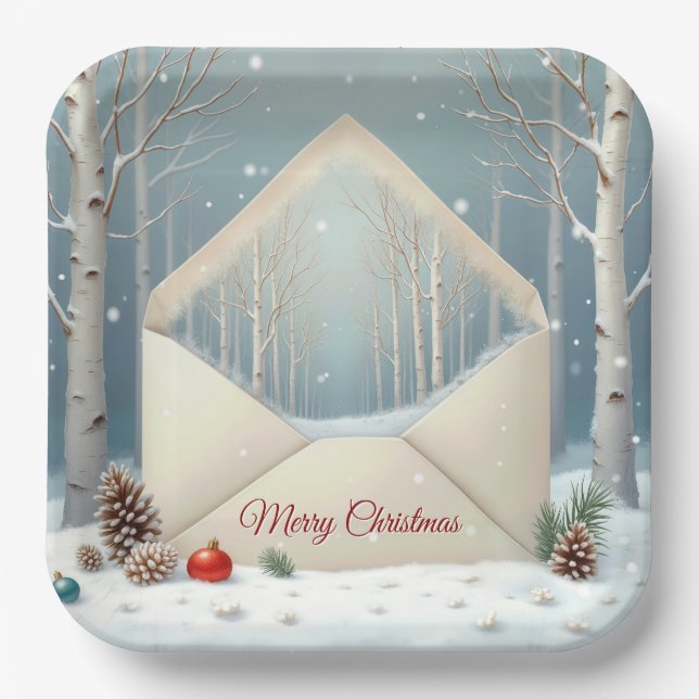 Merry Christmas Envelope With Birch Trees Paper Plate (Front)