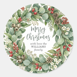 Merry Christmas Eucalyptus Botanical Christmas Classic Round Sticker