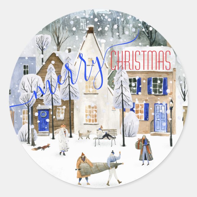 Merry Christmas Eve Snowy Winter Scene 2 Classic Round Sticker (Front)