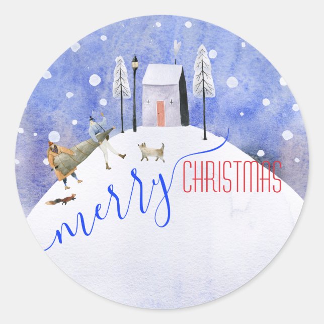 Merry Christmas Eve Snowy Winter Scene  Classic Round Sticker (Front)