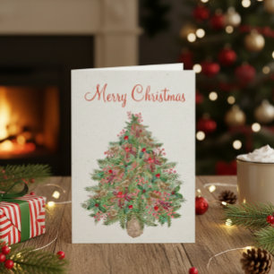 Merry Christmas Evergreen Tree Rustic Hand Painted Holiday Card