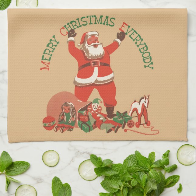 Merry Christmas Everybody! Vintage Santa Claus Tea Towel (Folded)