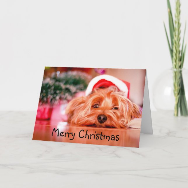 Merry Christmas Exhausted Yorkie Dog Fun Card (Front)