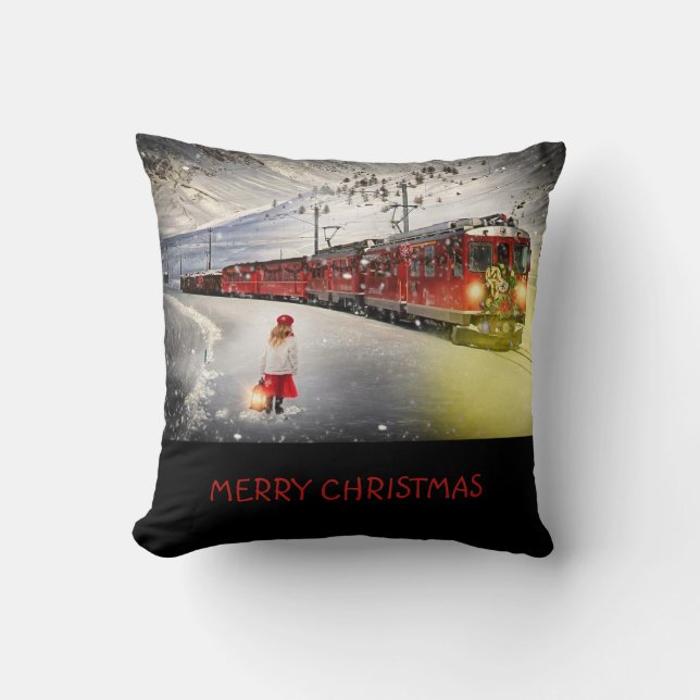 Merry Christmas Express Train Throw Pillow Cushion (Front)