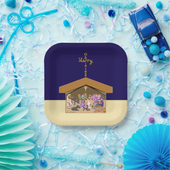 Merry Christmas Fabric Font Cross Over Nativity Paper Plate (Party)