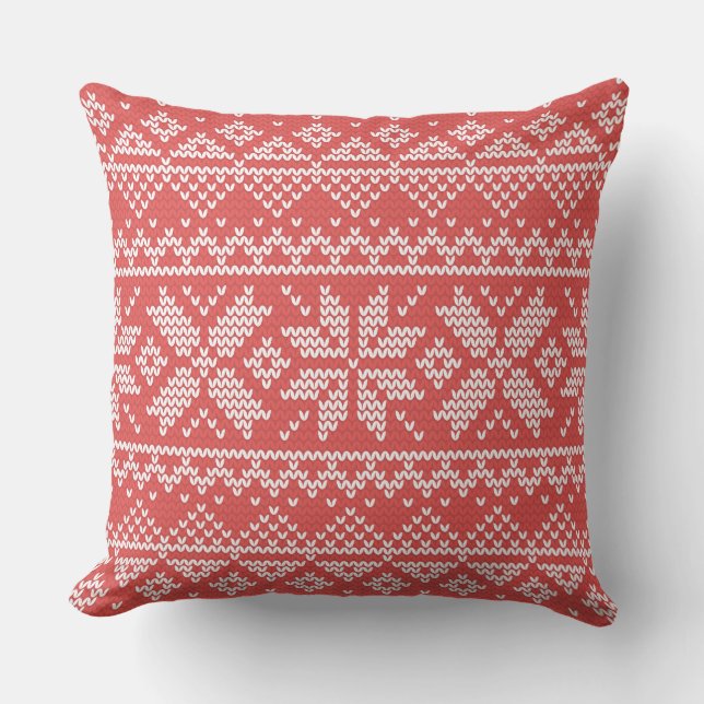 Merry Christmas Fair Isle Snowflakes White & Red Cushion (Front)