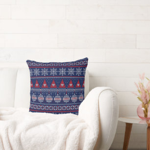 Merry Christmas Fairisle Knitting Pattern Red Blue Cushion
