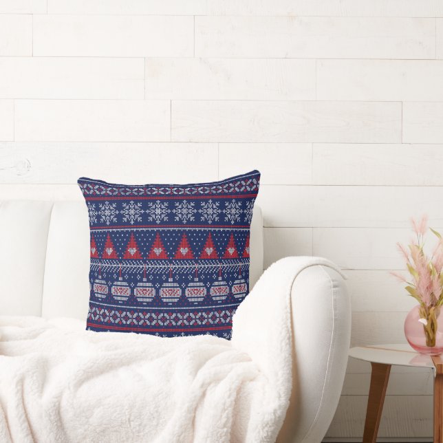 Merry Christmas Fairisle Knitting Pattern Red Blue Cushion (Couch)