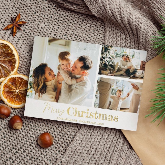Merry Christmas Family 3 Photo Grid Gold Foil Holiday Card (Creator Uploaded)
