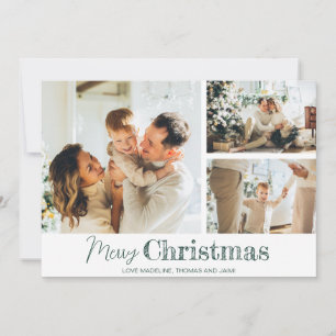 Merry Christmas Family 3 Photo Grid Green Holiday Card
