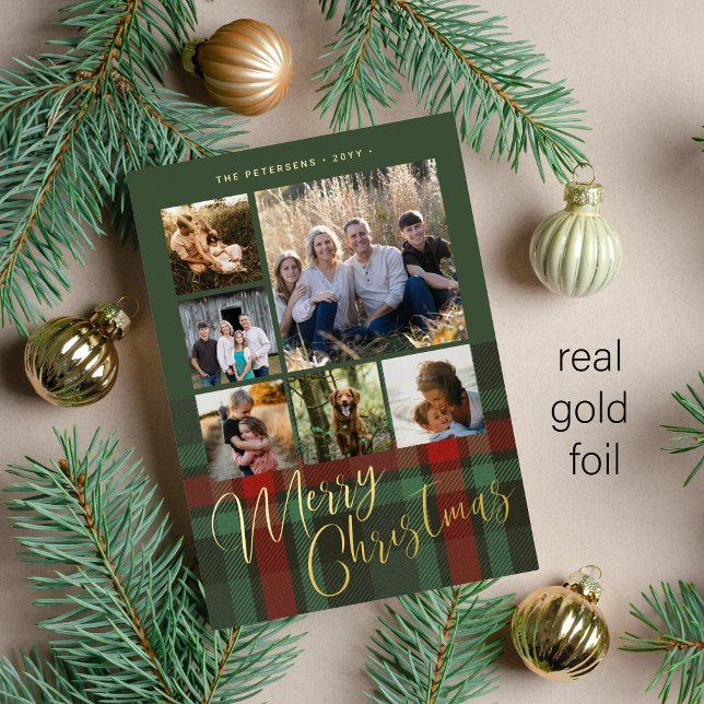 Merry Christmas family 6 photos red green gold Foil Holiday Card (Creator Uploaded)
