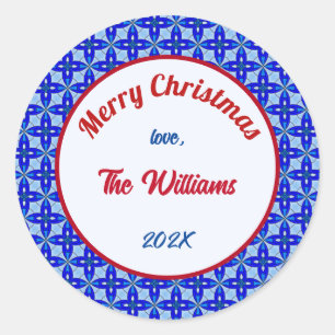 Merry Christmas Family Blue Stained Glass Classic Round Sticker