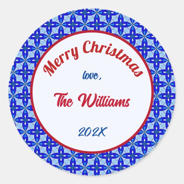 Merry Christmas Family Blue Stained Glass Classic Round Sticker (Front)