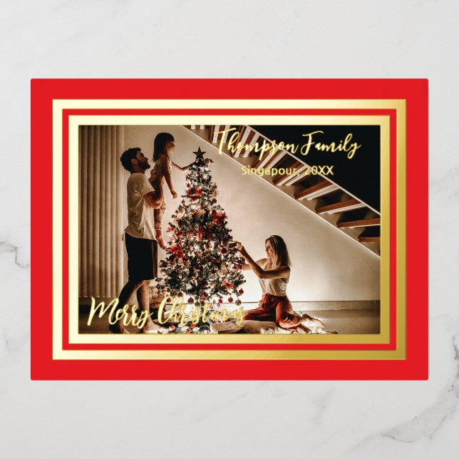 Merry Christmas Family Classic Red Foil Holiday Postcard (Front)