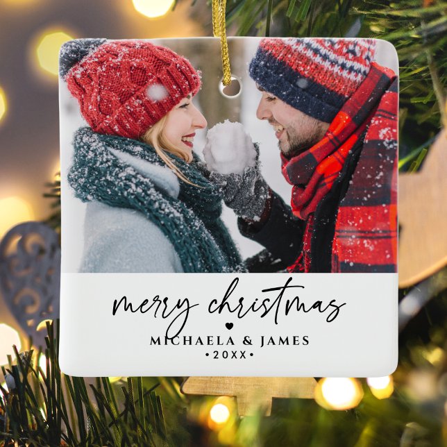 Merry Christmas Family/Couple's Names 2-Photo Ceramic Ornament (Creator Uploaded)