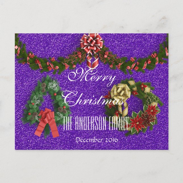 Merry Christmas Family December 2016 Wreath Purple Holiday Postcard (Front)