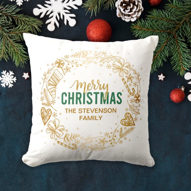 Merry Christmas Family Name Gold wreath Cushion (Creator Uploaded)
