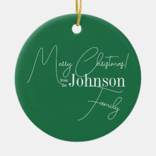 Merry Christmas Family Name Green Ceramic Ornament