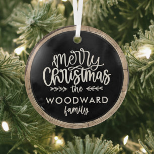 Merry Christmas Family Name Keepsake Tree Glass Tree Decoration