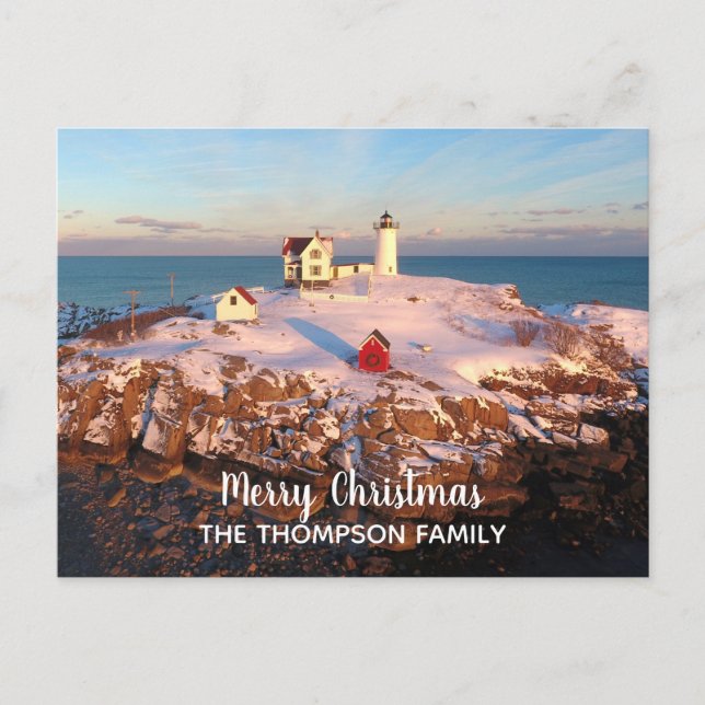 Merry Christmas Family Name Nubble Lighthouse Postcard (Front)
